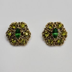 Vintage Emerald Rhinestone and Gold Plated Flower Clip-On Earrings